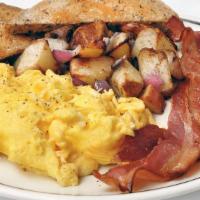 All American Scrambler · scrambled eggs with a side of bacon