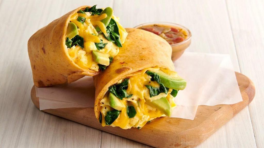 Avocado & Spinach Breakfast Wrap (V) · scrambled eggs, avocado, cheddar, spinach, tomato basil wrap