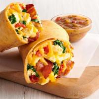 Bacon, Egg & Cheddar Breakfast Wrap · scrambled eggs, bacon, cheddar, oven-roasted tomato, spinach, tomato basil wrap