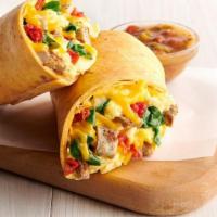 Sausage, Egg & Cheddar Breakfast Wrap · scrambled eggs, chicken sausage, cheddar, oven-roasted tomato, spinach, tomato basil wrap