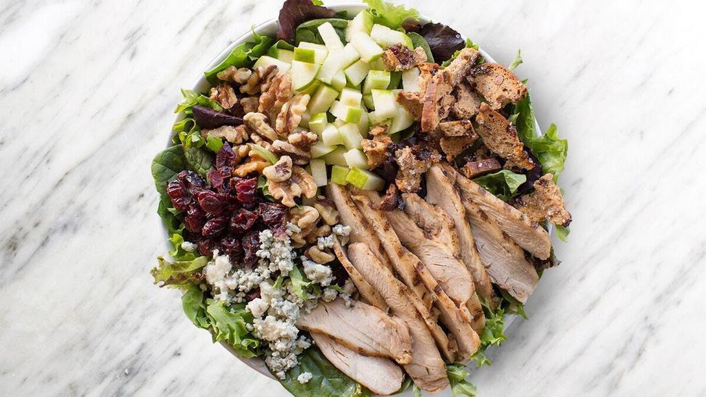 Harvest · mixed greens, grilled chicken, sweet crisps*, bleu cheese, walnuts, apple, dried cranberries, balsamic vinaigrette. *contains nuts