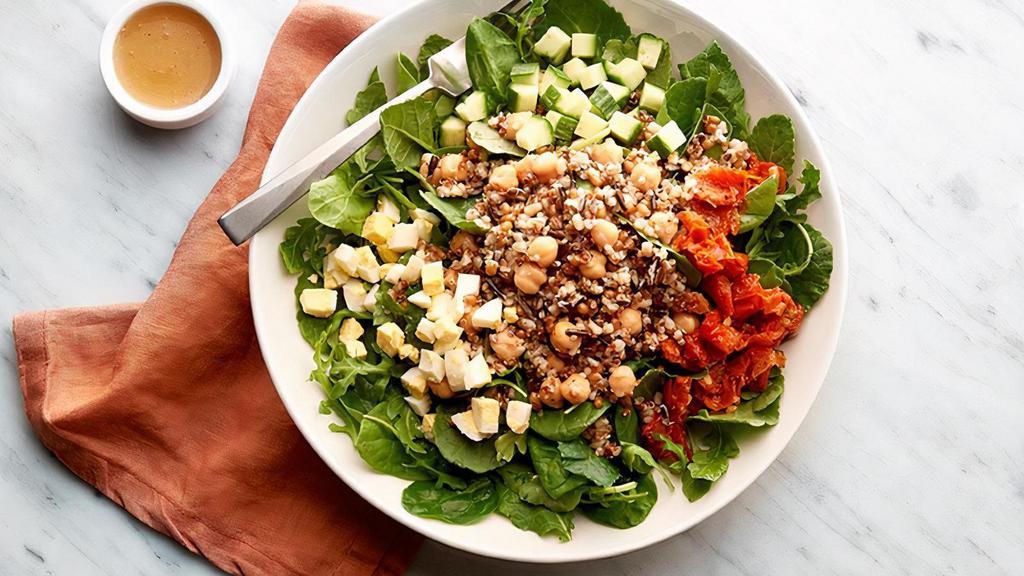 Power Greens & Grains Salad (V) · power greens blend of baby kale, arugula, & spinach, chickpeas, ancient grain blend, cucumber, oven-roasted tomato, hard-boiled egg, honey balsamic vinaigrette