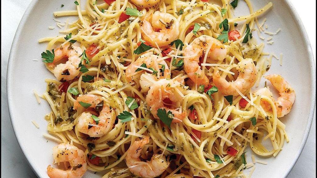 Shrimp Scampi Linguine · shrimp, Parmesan, linguine, garlic butter, tomato, fresh parsley, lemon juice