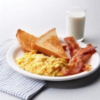 Kids Breakfast · Choose from scrambled eggs or pancakes.  Served with bacon or fresh fruit and milk or kids' ...