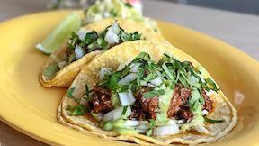 Tacos · Non gmo corn tortillas, served with cabbage salad, cilantro, onion, fresh salsa and guacamole.