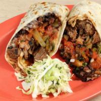 Fajita Burrito · Chicken or steak grilled with onions and peppers with cheese, fresh cilantro and onions, pic...