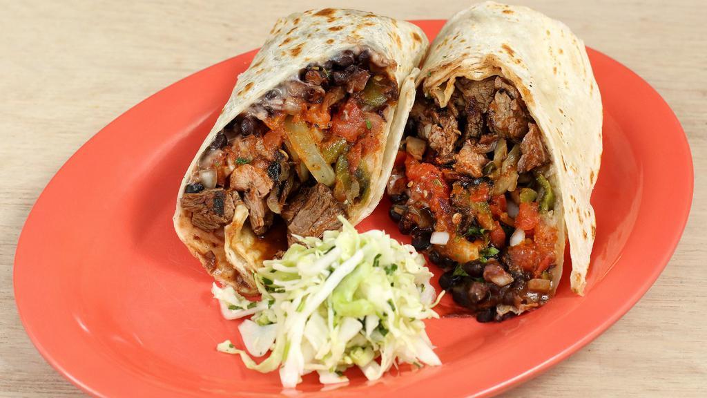 Fajita Burrito · Chicken or steak grilled with onions and peppers with cheese, fresh cilantro and onions, pico de gallo and choice of beans.