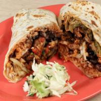 Al Pastor Burrito · Al pastor pork grilled with sautéed onions, poblanos and grilled pineapple salsa on a toaste...