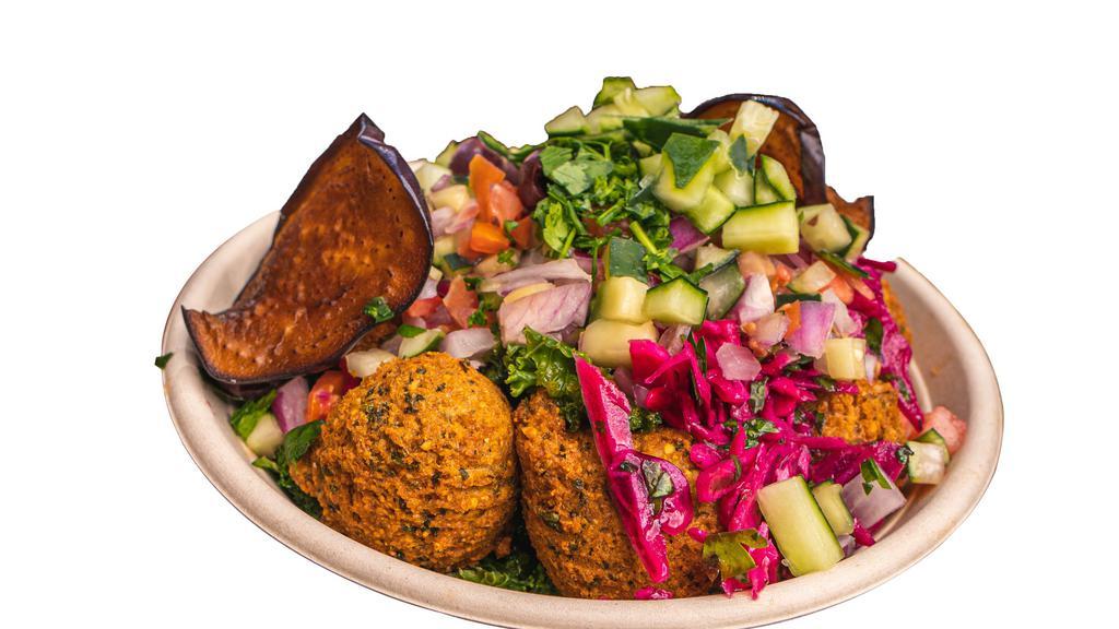 Spicy Plant Power Bowl · This fiery plant packed power bowl made with warm Garbanzo Beans, Olives, Traditional Hummus, Falafel, Chopped Salad, Cucumber, Tomato, Red Onion, White Cabbage, Fried Eggplant, Zhoug Spicy Cilantro Sauce, Garlic Jalapeño Tahini