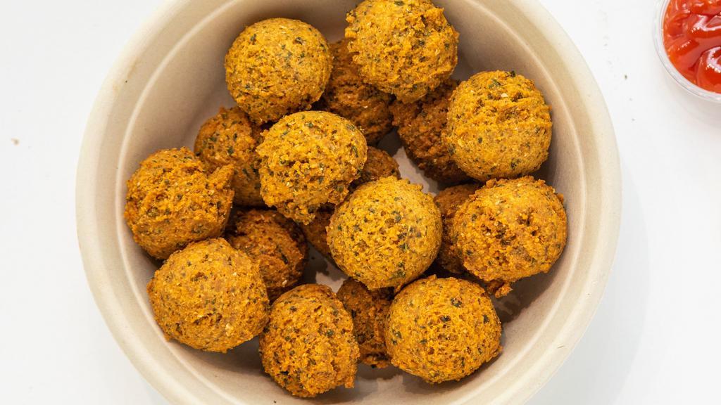 Falafel · 5 pieces. Made fresh to order with ground chickpeas, parsley, Mediterranean herbs & spices served with tahini