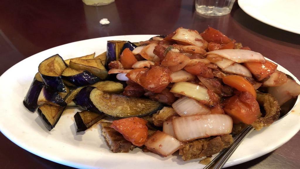 Crispy Binagoongan · Side pork with eggplant in shrimp paste.