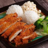Chicken Katsu · Crispy Fried Chicken Cutlet served with 2 scoops steamed rice, 1 scoop macaroni salad and ve...