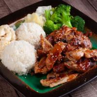 Teriyaki Chicken · Grilled BBQ Chicken chopped and topped off with Teriyaki Sauce served with 2 scoops steamed ...