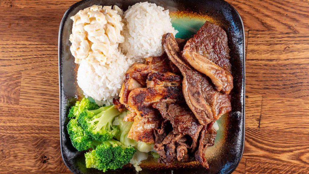 BBQ Mix plate · BBQ Chicken, BBQ Beef & Kalbi Short Ribs. A meat lover’s favorite!