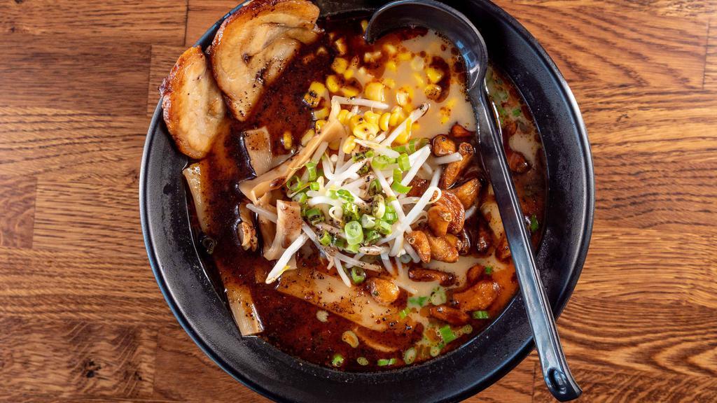 Black Garlic Ramen · Roasted pork, fried garlic, green onion, sprouts, corn.