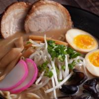 Shoyu Ramen (Soy Sauce Soup Base) · Roasted pork, boiled egg, kikurage mushroom, bamboo shoots, green onion, sprouts, fish cake.