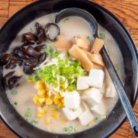 Veggie Ramen (Creamy Veggie Broth) · Tofu, sprouts, green onion, kikurage mushroom, corn, bamboo shoots.