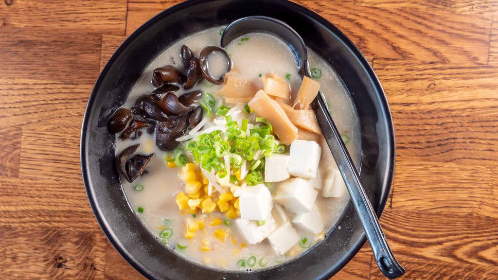 Veggie Ramen (Creamy Veggie Broth) · Tofu, sprouts, green onion, kikurage mushroom, corn, bamboo shoots.