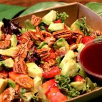 Strawberry Avocado Salad · Spring mix, avocado, strawberries, pecans, olive oil, honey, raspberry vinegar, and lemon ju...