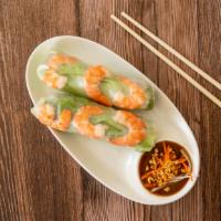 Goi Cuon Roll · Two rolls of steamed shrimp wrapped in rice paper, lettuce, mint, bean sprouts, and rice noo...