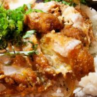 CHICKEN KATSU DON BENTO · Fried chicken cutlet, egg, onion and shiitake mushroom simmered with soy based sauce and ser...