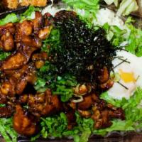 TERIYAKI CHICKEN DON BENTO · Teriyaki chicken w/ poached egg, lettuce, mayo, green onion, dry seaweed & sesame seed over ...