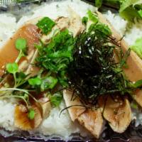 WHITE TUNA DON BENTO · Seared raw albacore sashimi with soy sauce and vegetables over rice. Comes with one choice o...