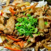 SHOGA YAKI DON BENTO · Stri fried pork slices, onion, carrot & green onion with soy based ginger sauce over rice. C...
