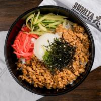 SOBORO DON BENTO · Flavored ground chicken w/ poached egg, cucumber, red ginger, green onion, dry seaweed and s...