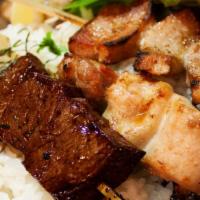 COMBINATION SKEWER BENTO B · Set of 3 combination skewers (chicken thigh, pork belly & beef short rib) on top of poached ...