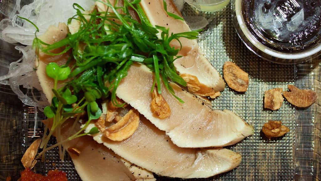 WHITE TUNA TATAKI · Seared albacore sashimi with garlic ginger ponzu sauce