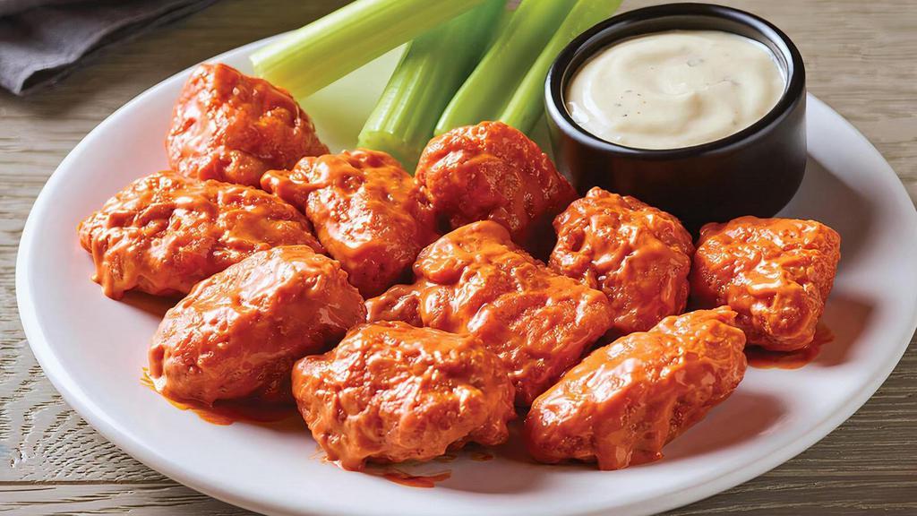 Boneless Wings · Crispy breaded pieces of tender boneless chicken tossed in your choice of sauce. Served with Bleu cheese or house-made ranch dressing with real buttermilk.