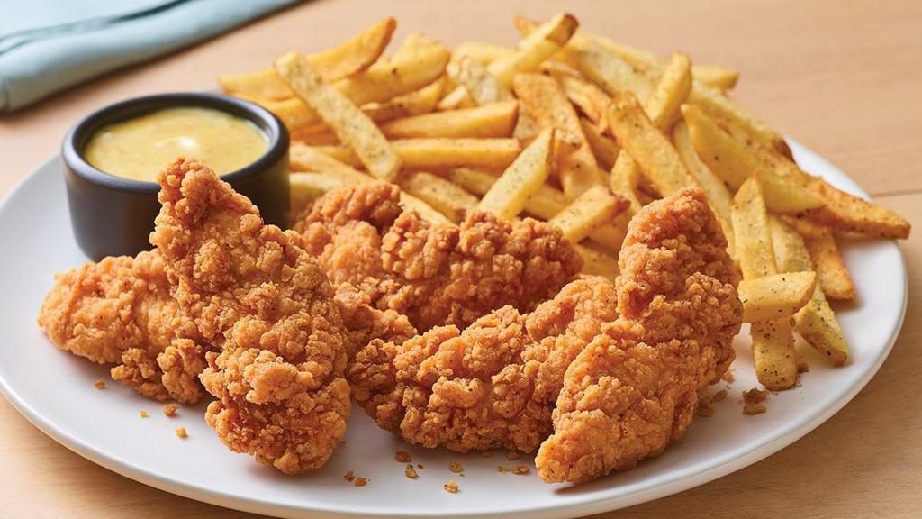 Chicken Tenders Plate · Smaller portion of the Chicken Tenders Platter. Crispy breaded chicken tenders are a grill and bar classic. Served with fries and choice of dipping sauce.