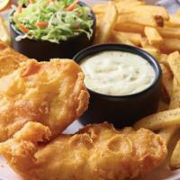 New England Fish + Chips · Golden, crispy-battered fish fillet with fries.  Comes with our signature coleslaw, tartar s...