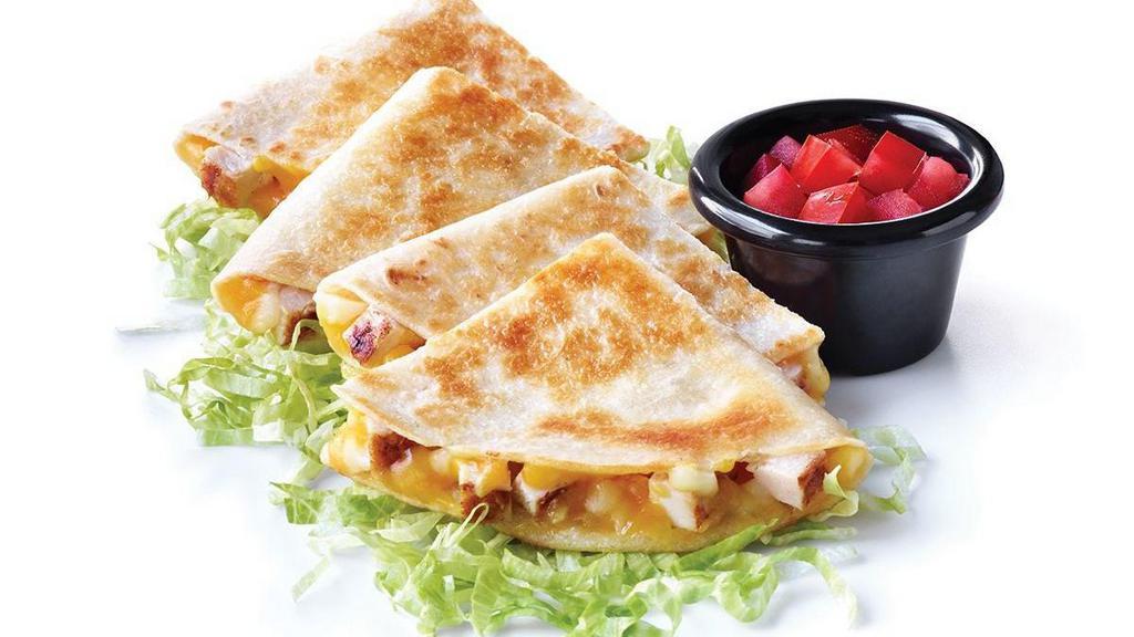 Kids Chicken Quesadilla · A flour tortilla filled with chicken and ooey, gooey melted Cheddar cheese. Served with lettuce and tomatoes.