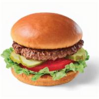 Kids Hamburger · Ground beef burger served on a toasted bun with lettuce, tomato and pickles.  (Image display...