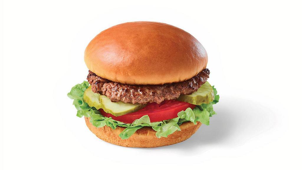 Kids Hamburger · Ground beef burger served on a toasted bun with lettuce, tomato and pickles.  (Image displayed with cheese)