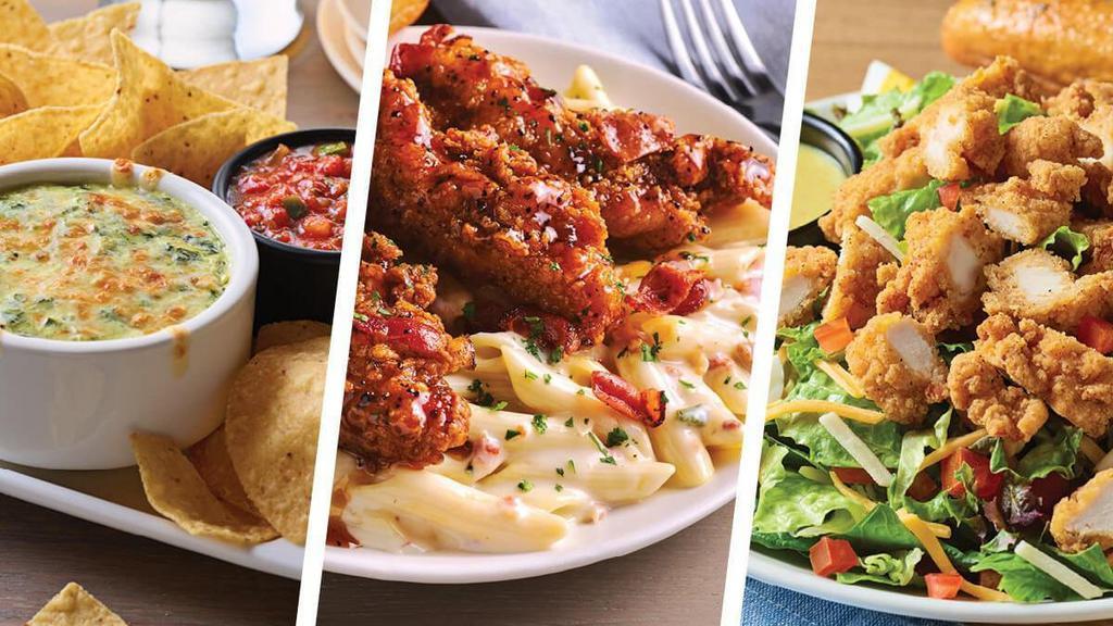 4-Cheese Mac & Cheese Family Bundle ¥ - Serves 6 · Includes: . - Spinach & Artichoke Dip. - Oriental Chicken Salad. - 4-Cheese Mac w/Honey Pepper Chicken.   Tenders. - Breadsticks.   .   (no substitutions or modifications)