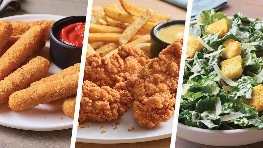 Chicken Tenders Family Bundle ¥ - Feeds 4 · Includes: . - Mozzarella Sticks. - Chicken Tenders w/Honey Mustard. - Sides: Caesar Salad, 4-Cheese Mac & Cheese, Fries and Slaw..   . (no substitutions or modifications)