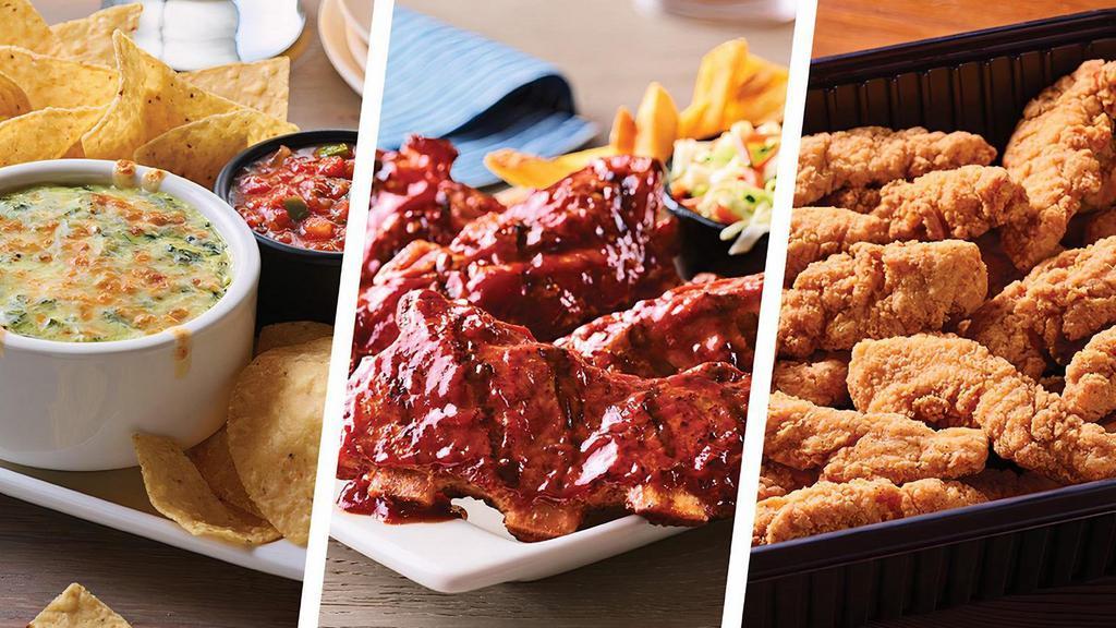 Riblets & Chicken Tenders Combo Family Bundle ¥ - Serves 6-8 · Includes: . - Spinach & Artichoke Dip. - Applebee's Riblets w/Honey BBQ. - Chicken Tenders w/Honey Mustard. - Sides: Caesar Salad, 4-Cheese Mac & Cheese, Fries and Slaw..   . (no substitutions or modifications)