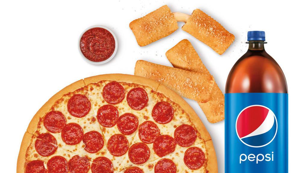 Stuffed Crazy Bread™ Meal Deal With Pepsi® · Classic Pepperoni Pizza, Stuffed Crazy Bread™ plus Crazy Sauce® and a 2-liter PEPSI® (4130 Cal)