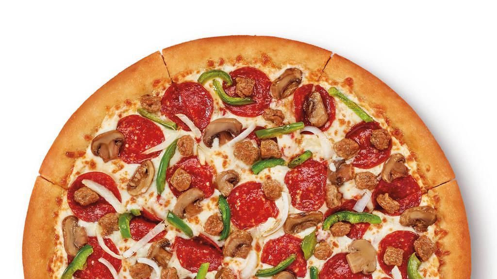 Ultimate Supreme · CRAZY!CRAZY!™ AMOUNTS OF TOPPINGS AT THE NATION'S BEST PRICE** Large round pizza with Pepperoni, Sausage, Mushrooms, Onions, and Green Peppers (2410 Cal)