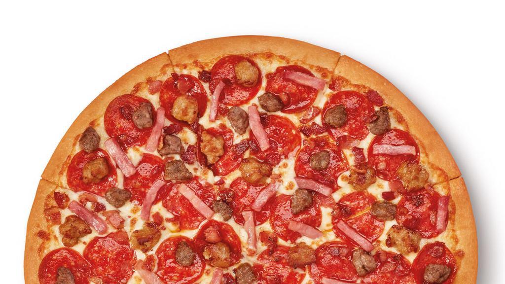5 Meat Feast™ · CRAZY!CRAZY!™ AMOUNTS OF TOPPINGS AT THE NATION'S BEST PRICE** Large round pizza with Bacon, Sausage, Ham, Pepperoni and Beef (2730 Cal)