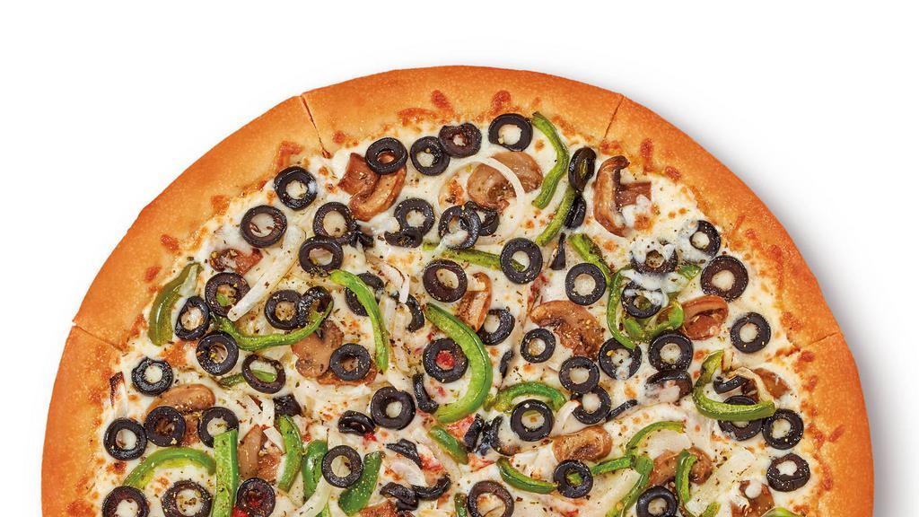 Veggie · Large round pizza with Green Peppers, Onions, Mushrooms, Black Olives and Italian Seasoning (2250 Cal)