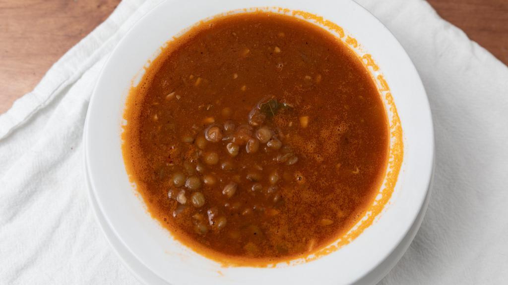 Fakies (Lentils) Soup · Lentils, onions, garlic, bay leaves, olive oil, and red wine vinegar.