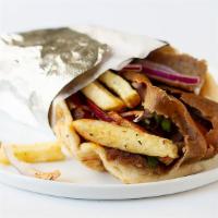 Gyro · A blend of lamb and beef gyro, served with tomatoes, red onions, tzatziki, wrapped in pita.