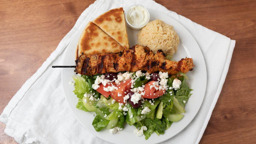 Souvlaki Special · Your choice of pork, chicken, bifteki or gyro, served with rice, green salad and pita.