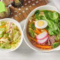 Beef Udon · Noodle soup with beef, egg and veggies.