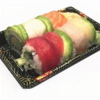 Rainbow  · California roll topped with assorted row fish.