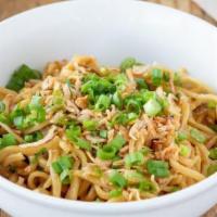 Garlic Noodles · Fresh wheat noodles,oyster sauce,fried shallots,scallions & butter.This item contains gluten.